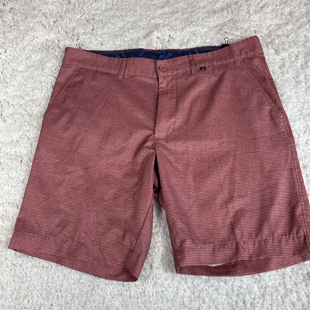 V46 Golf Performance Shorts Mens 36 Rust Stripe Stretch 9” Inseam Zipper Pocket